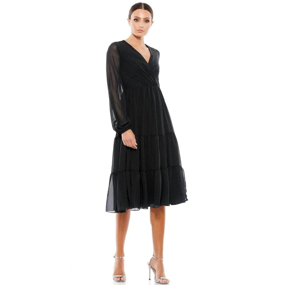 NWT Mac Duggal Ruched V-Neck Tiered Midi Dress Black 0 #A0536